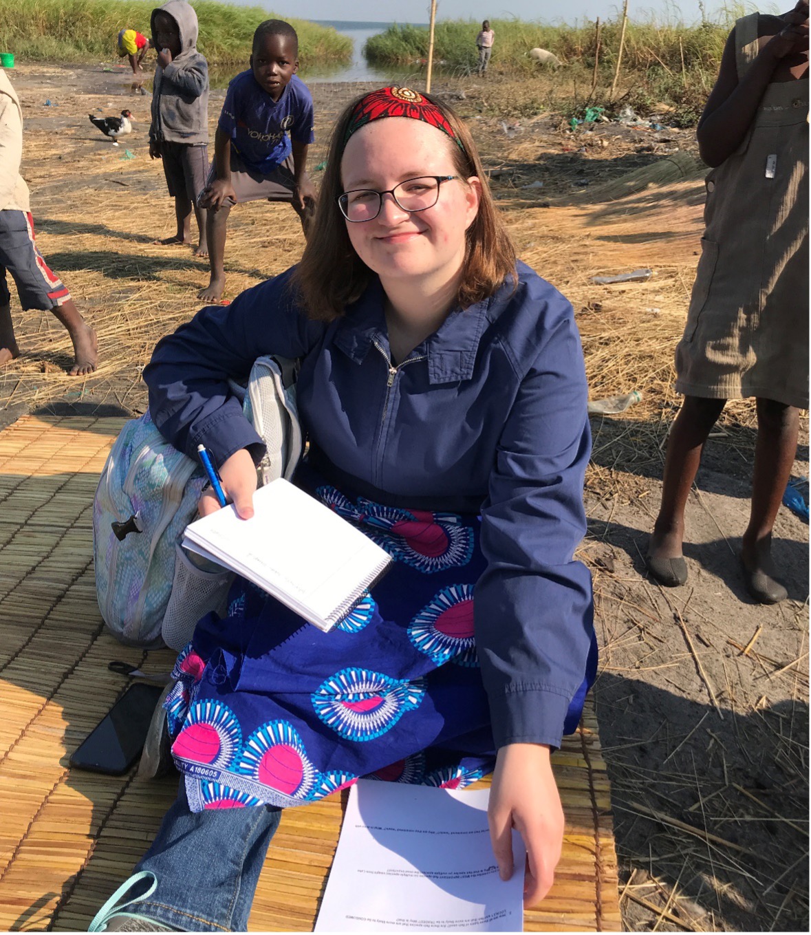 While serving as an undergraduate research assistant on the Fish4Zambia project in 2019, Laura Ingouf prepares for a women’s focus group on an island in Lake Bangweulu, Zambia.