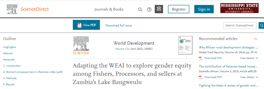 Cover photo of a journal article about gender equity among fishers, processors, and sellers at a Zambian Lake